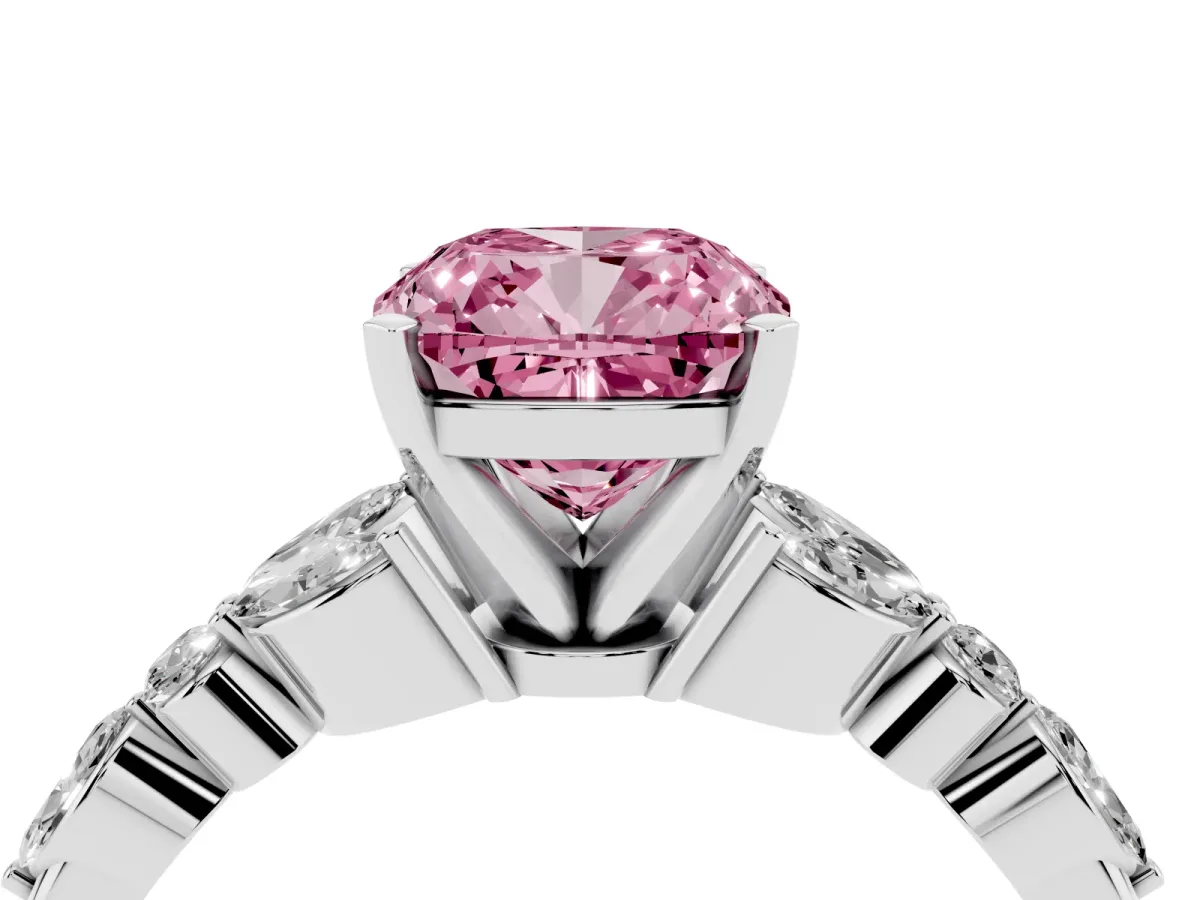 Fancy Pink Cushion Cut Diamond Solitaire Ring with Side Stones and Four-Prong Setting Silver