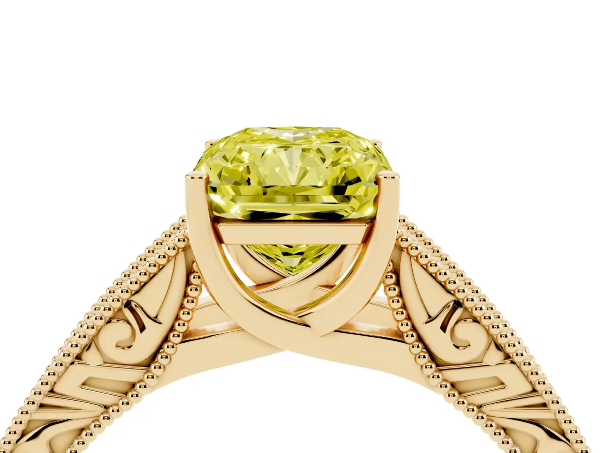 Fancy Yellow Radiant Cut Diamond Solitaire Ring with Engraved Band and Four-Prong Setting Yellow gold