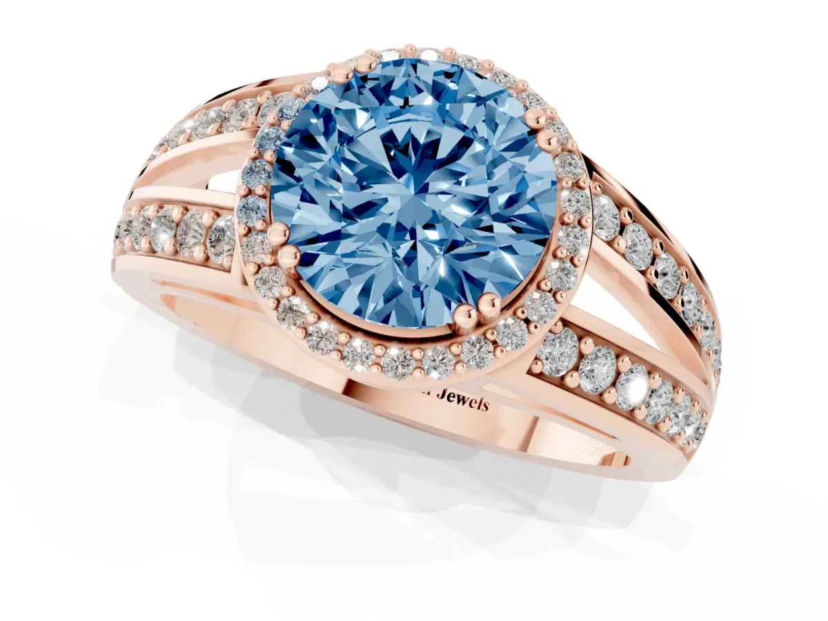 Fancy Blue Round Cut Diamond Halo Ring with Split Shank Pavé Band and Four-Prong Setting Rose gold