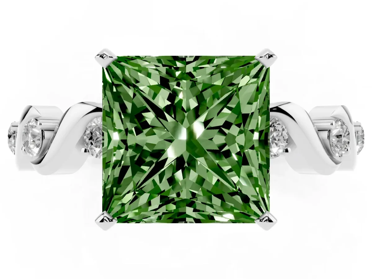 Fancy Green Princess Cut Diamond Solitaire Twisted Band with Round Accents and Prong Setting White gold