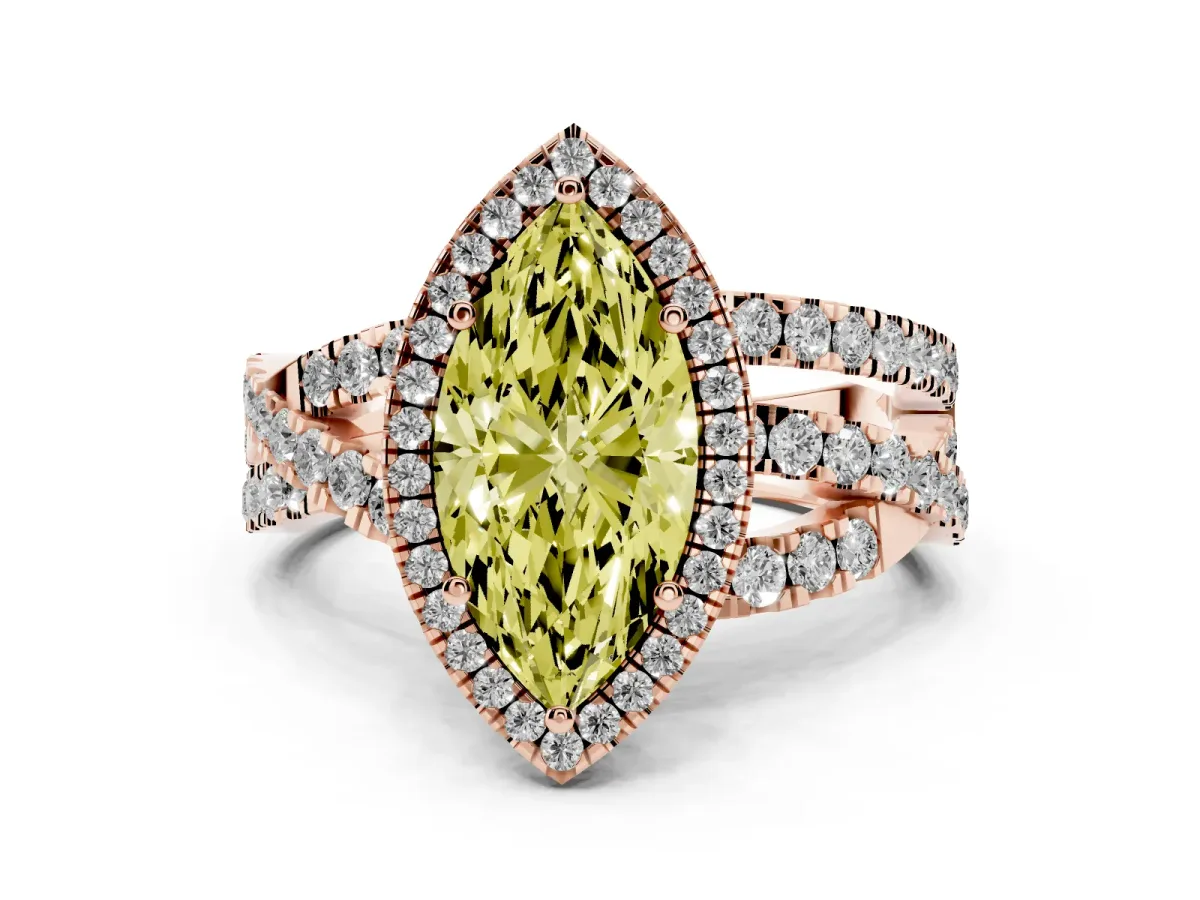 Fancy Yellow Marquise Cut Diamond Halo Ring with Round Split Shank and Prong Setting Rose gold