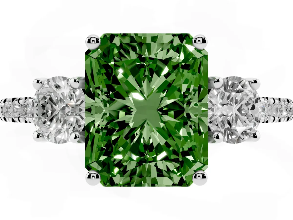Fancy Green Three-Stone Radiant Cut Cut Diamond Pavé Band with Prong Setting Silver