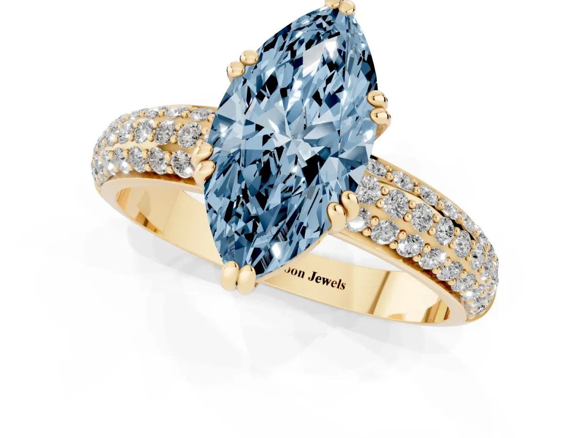Fancy Blue Marquise Cut Diamond Solitaire Ring with Multi-Row Round Pavé Band and Prong Setting Yellow gold