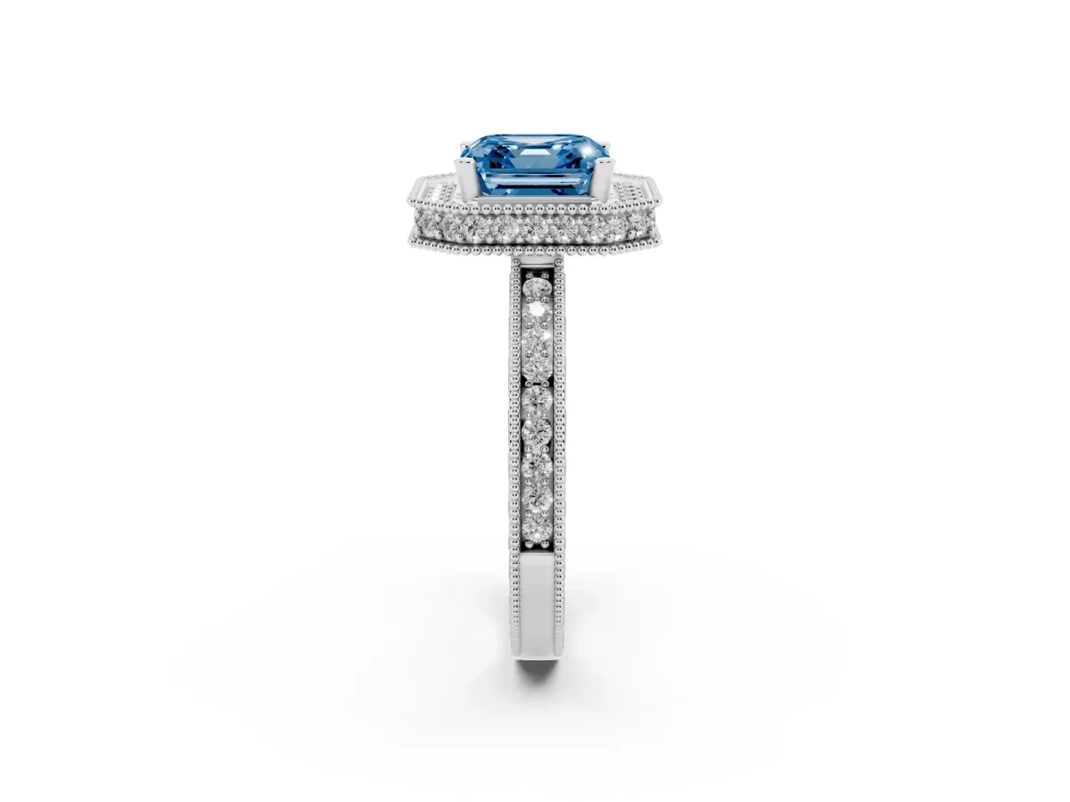 Fancy Blue Asscher Cut Diamond Milgrain Halo Engagement Ring with Round Pavé Band and Prong Setting Platinum