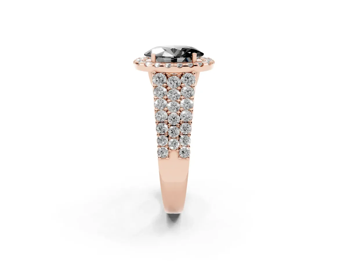 Fancy Black Oval Cut Diamond Halo Engagement Ring with Triple Row Round Pavé Band and Prong Setting Rose gold
