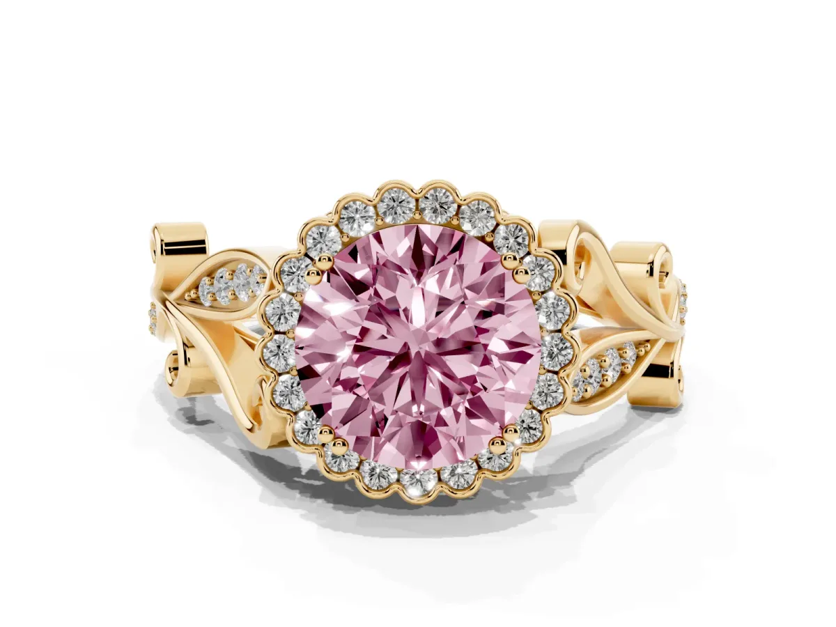 Fancy Pink Round Cut Diamond Halo Ring with Vintage Split Shank and Four-Prong Setting Yellow gold