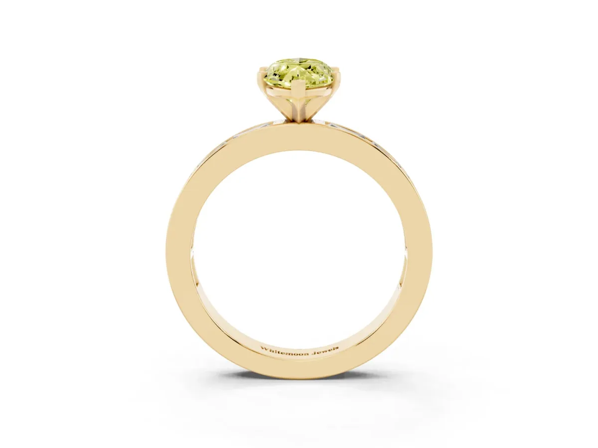 Fancy Yellow Marquise Cut Solitaire Diamond Ring with Channel-Set Baguette Band and Four-Prong Setting Yellow gold