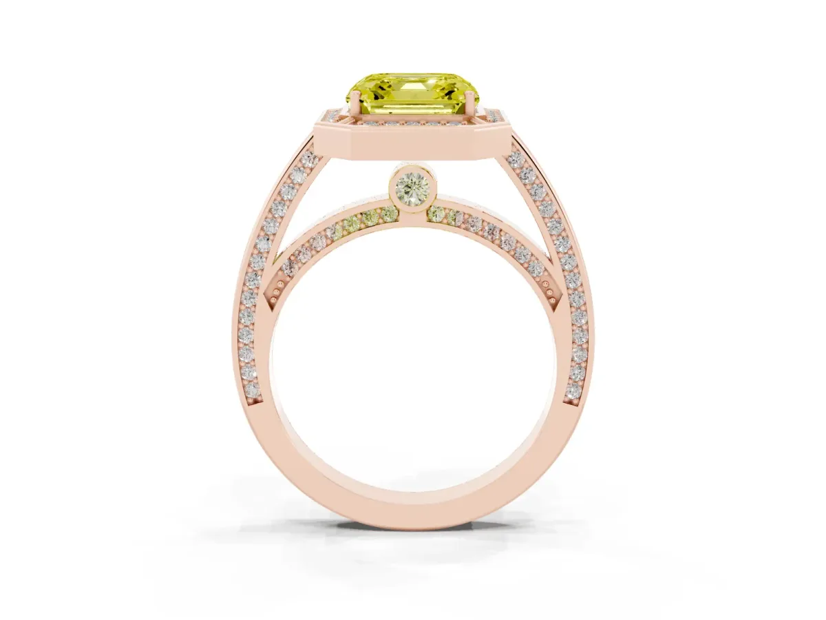 Fancy Yellow Asscher Cut Cut Halo Pave Split Shank Prong Setting Ring Rose gold