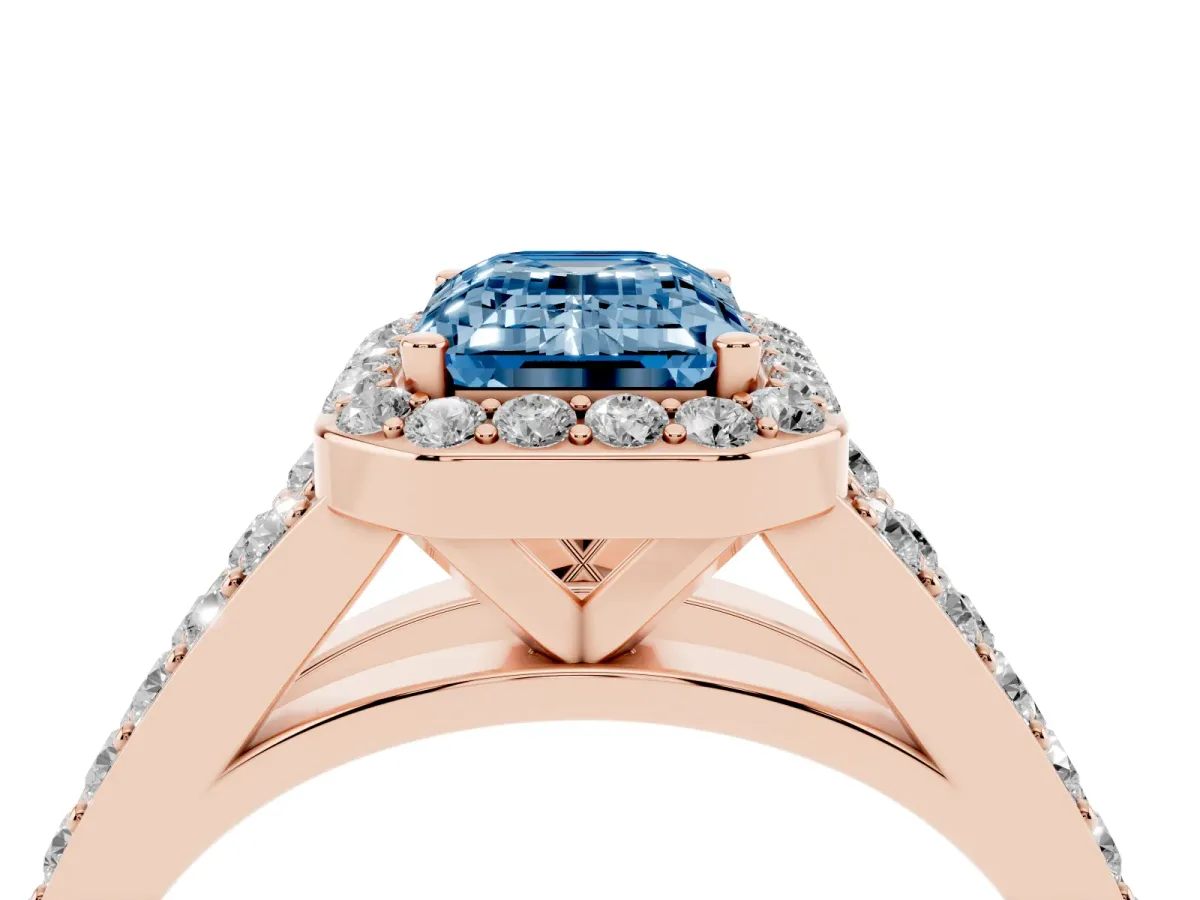 Fancy Blue Emerald Cut Diamond Split Shank Halo Ring with Four-Prong Setting Rose gold