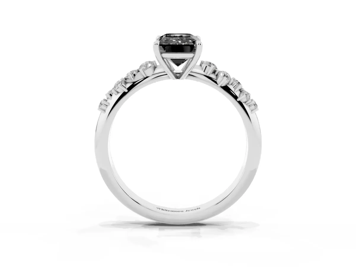 Fancy Black Emerald Cut Diamond Cluster Side Stone Solitaire Ring with Prong Setting Platinum