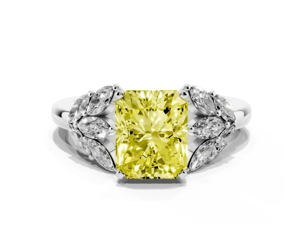 Fancy Yellow Radiant Cut Diamond Cluster Leaf Design Ring with Prong Setting Silver