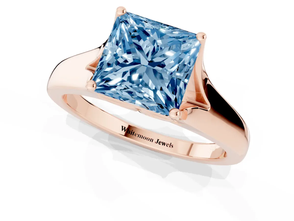 Fancy Blue Princess Cut Solitaire Diamond Ring with Cathedral Band and Four-Prong Setting Rose gold