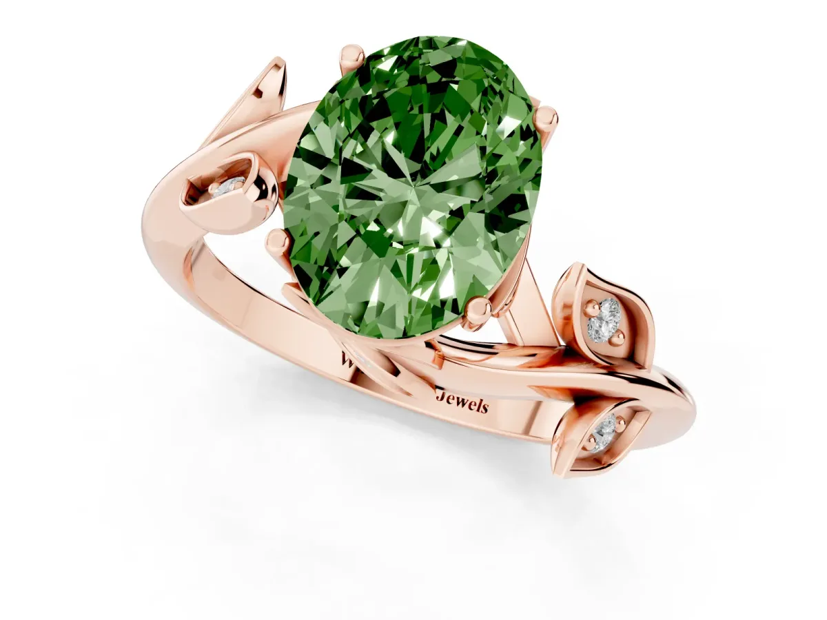 Fancy Green Oval Cut Solitaire Twist Engagement Ring with Leaf Accents and Prong Setting Rose gold