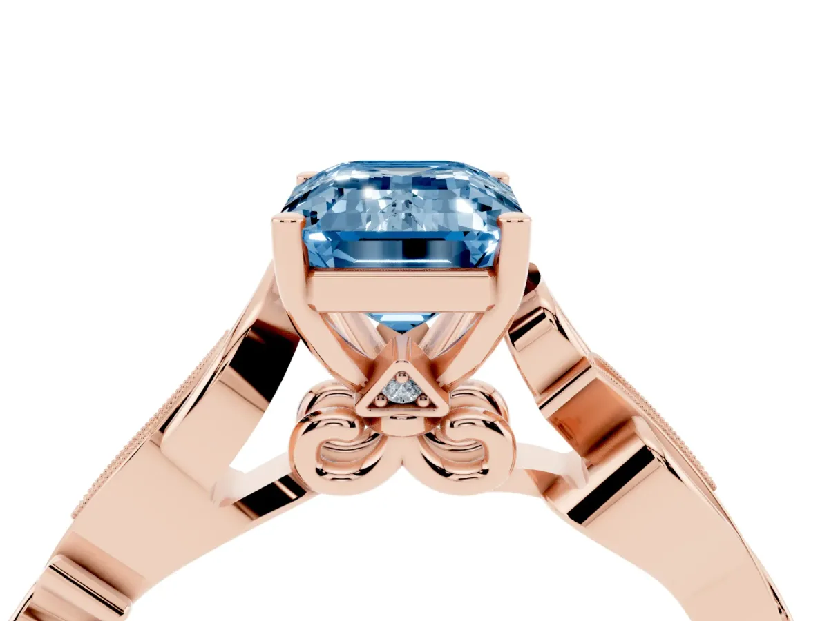 Fancy Blue Emerald Cut Solitaire Vine Band with Milgrain Prong Setting Rose gold