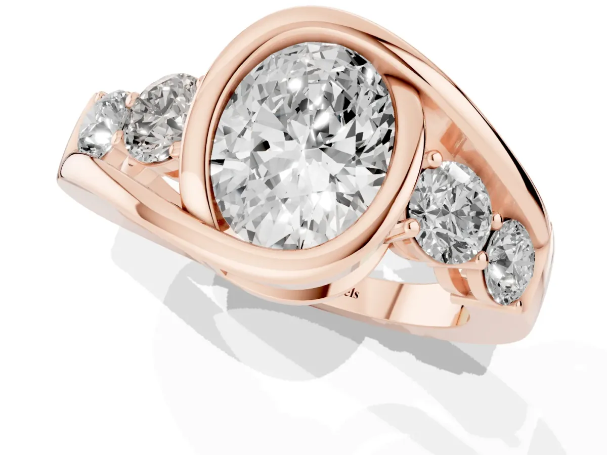 Bezel Set Oval Cut Diamond Bypass Ring with Round Accents Rose gold