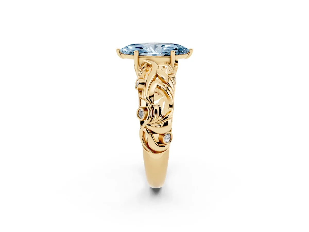 Fancy Blue Marquise Cut Solitaire Diamond Leaf-Inspired Vine Band Ring with Prong Setting Yellow gold