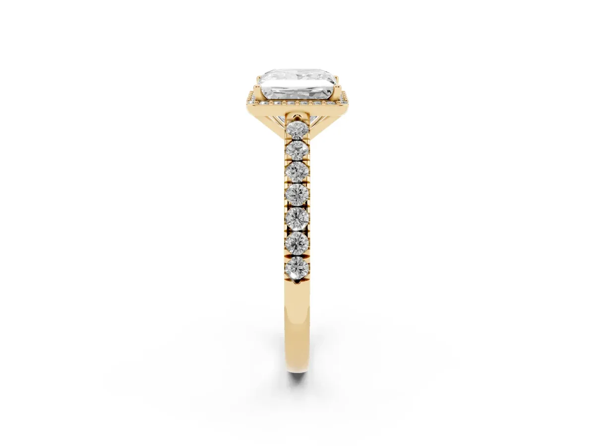 Princess Cut Cut Halo Diamond Engagement Ring with Pave Band and Four-Prong Setting Yellow gold