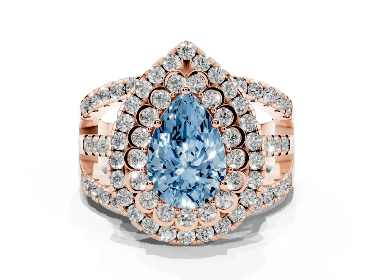 Fancy Blue Pear Cut Diamond Double Halo Ring with Round Pavé Split Shank and Prong Setting Rose gold