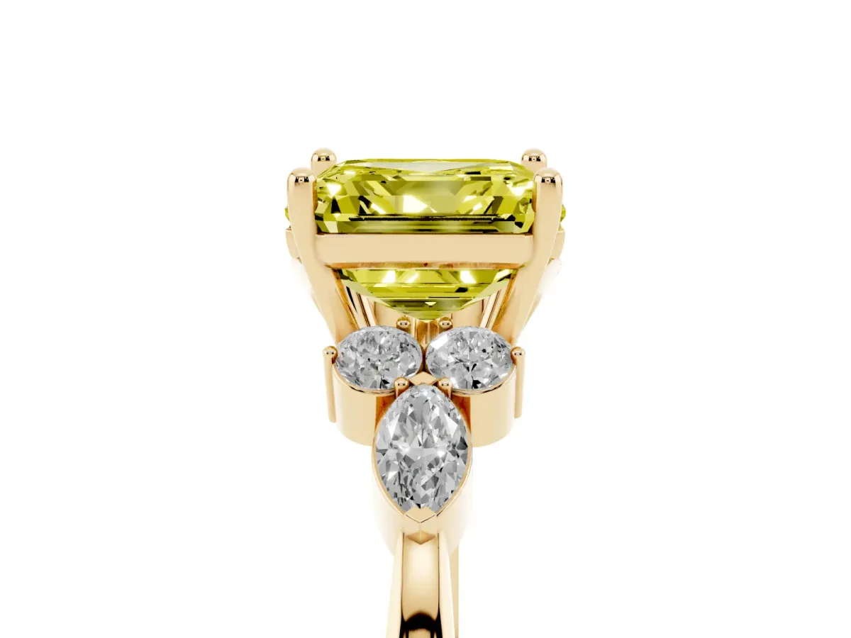 Fancy Yellow Asscher Cut Brilliant Diamond Solitaire Ring with Pear Side Stones and Four-Prong Setting Yellow gold