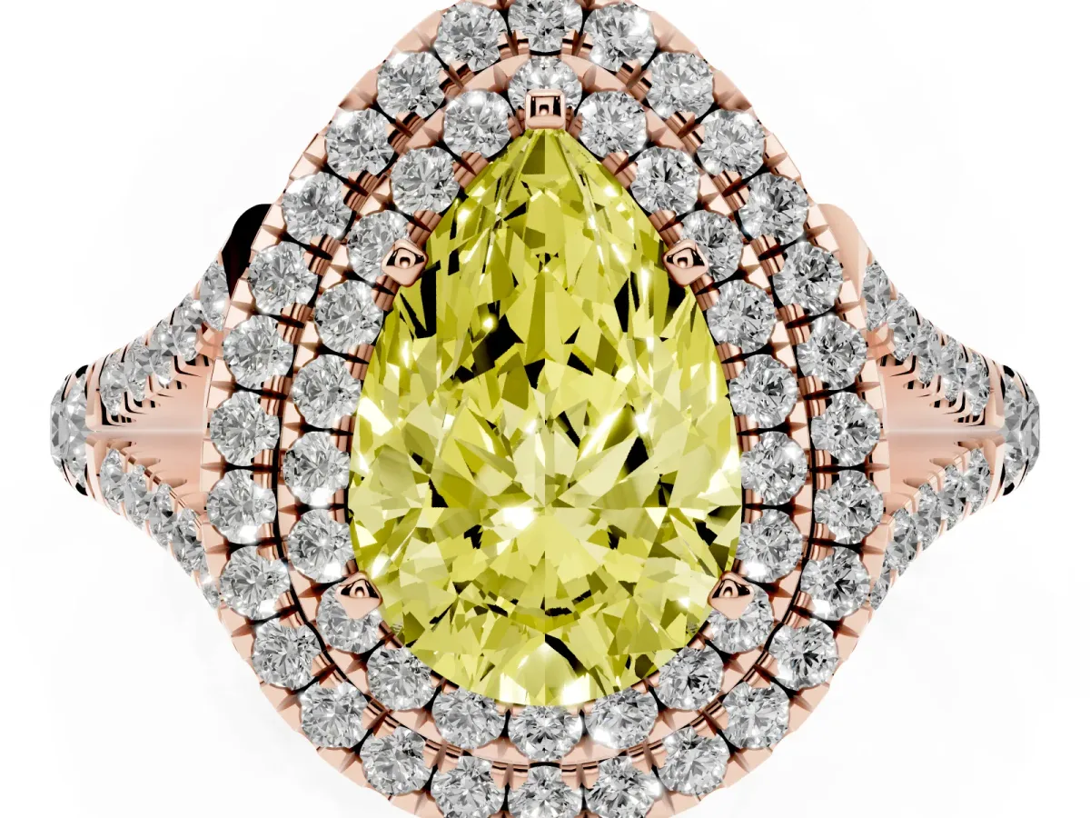 Fancy Yellow Pear Cut Cut Double Halo Split Shank Diamond Ring with Prong Setting Rose gold