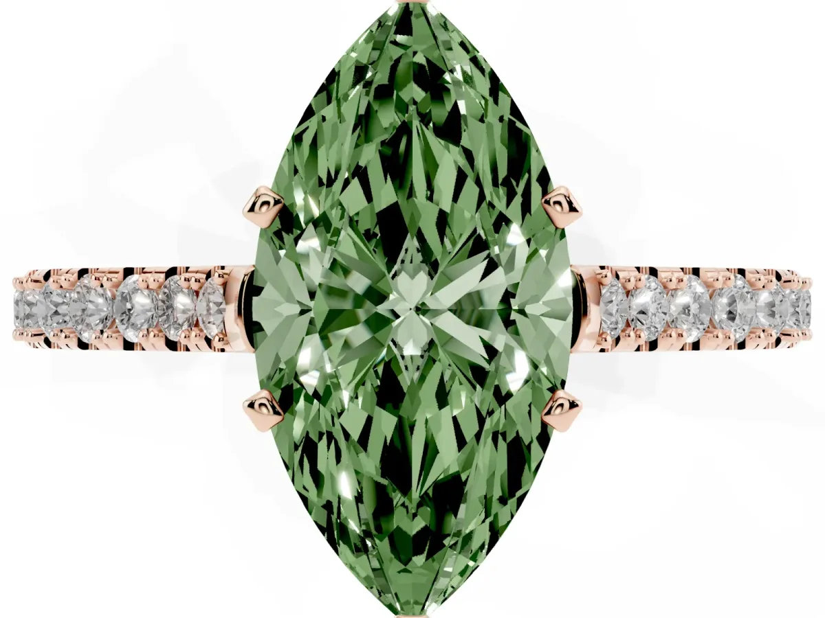 Fancy Green Marquise Cut Cut Solitaire Diamond Engagement Ring with Pave Band and Four-Prong Setting Rose gold