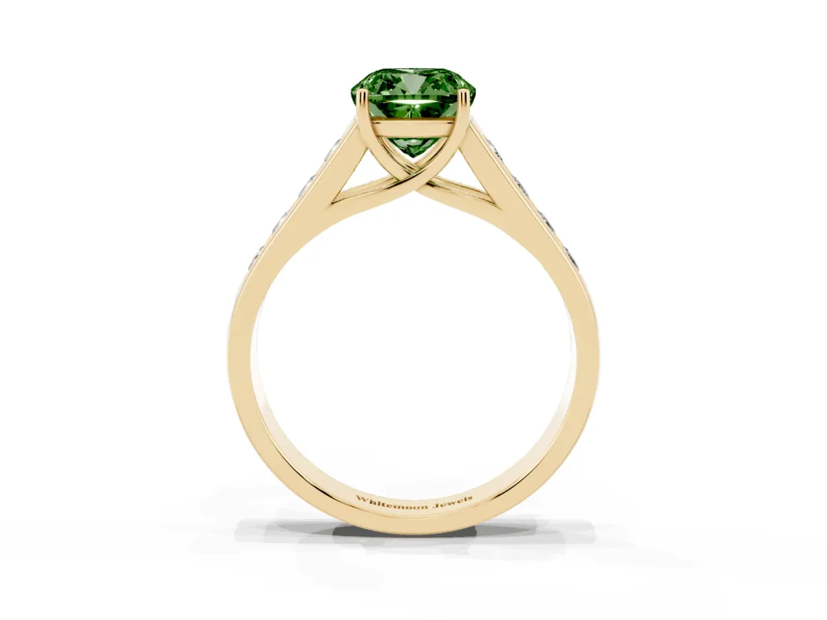 Fancy Green Cushion Cut Solitaire Channel-Set Diamond Engagement Ring with Four-Prong Setting Yellow gold