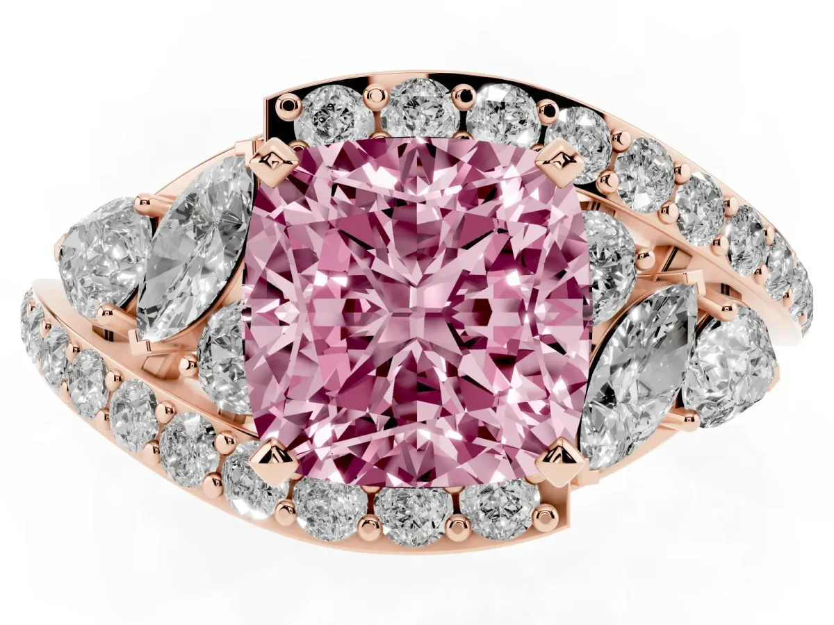 Fancy Pink Cushion Cut Diamond Halo Ring with Marquise and Pavé Band in Prong Setting Rose gold