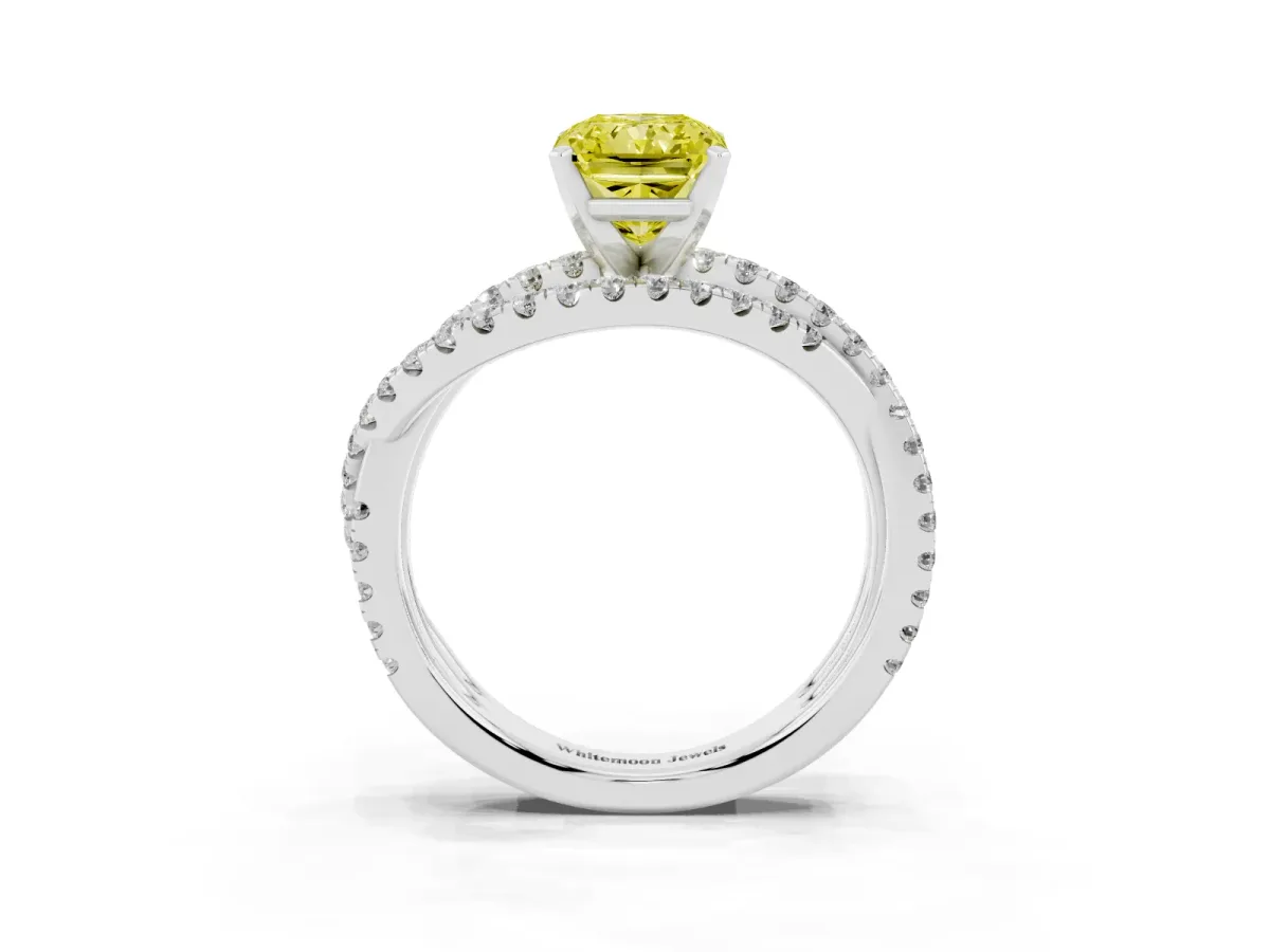 Fancy Yellow Radiant Cut Solitaire Twist Band with Pavé Setting and Four-Prong Setting Silver