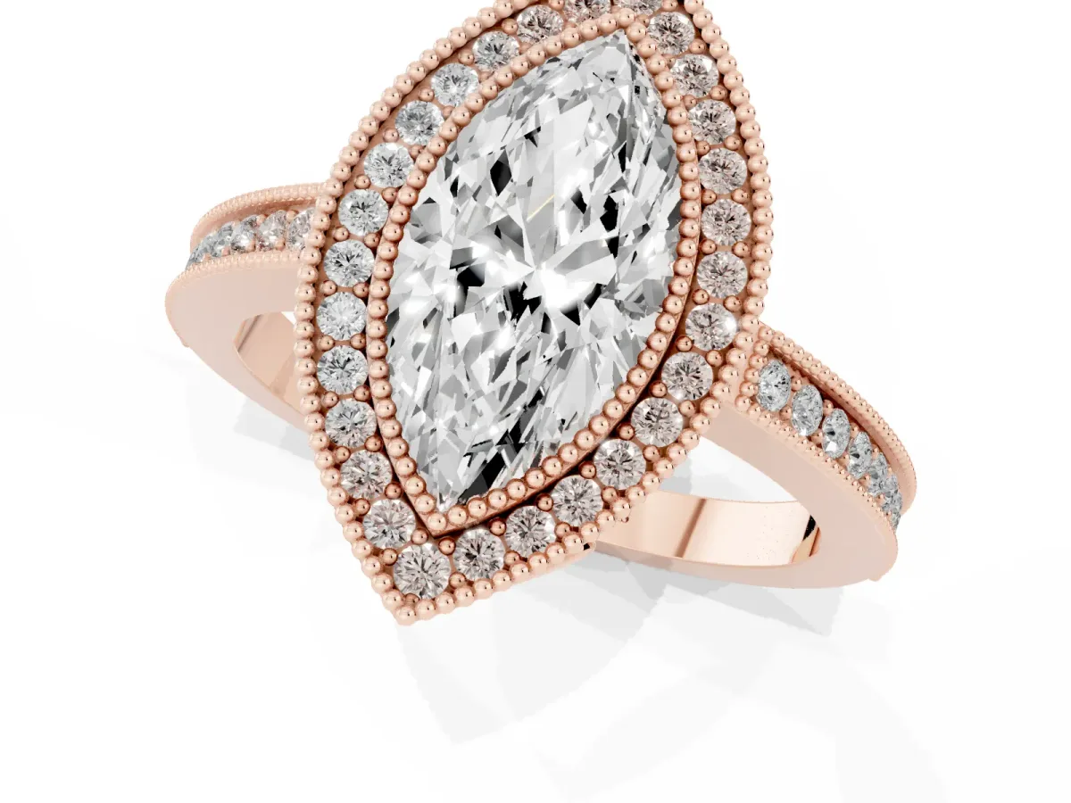 Marquise Cut Cut Halo Diamond Ring with Pavé Band and Milgrain Prong Setting Rose gold