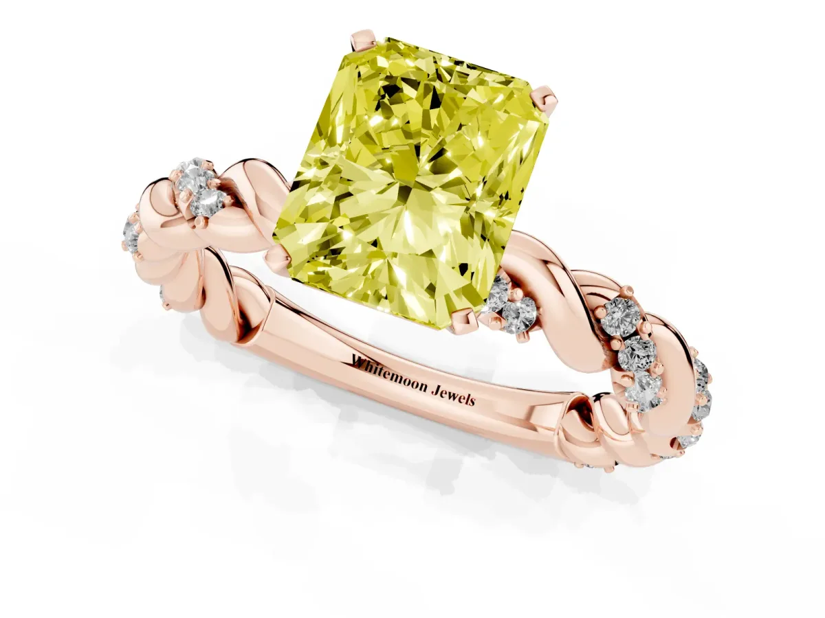 Fancy Yellow Radiant Cut Diamond Solitaire Ring with Twisted Band and Pavé Accents Rose gold