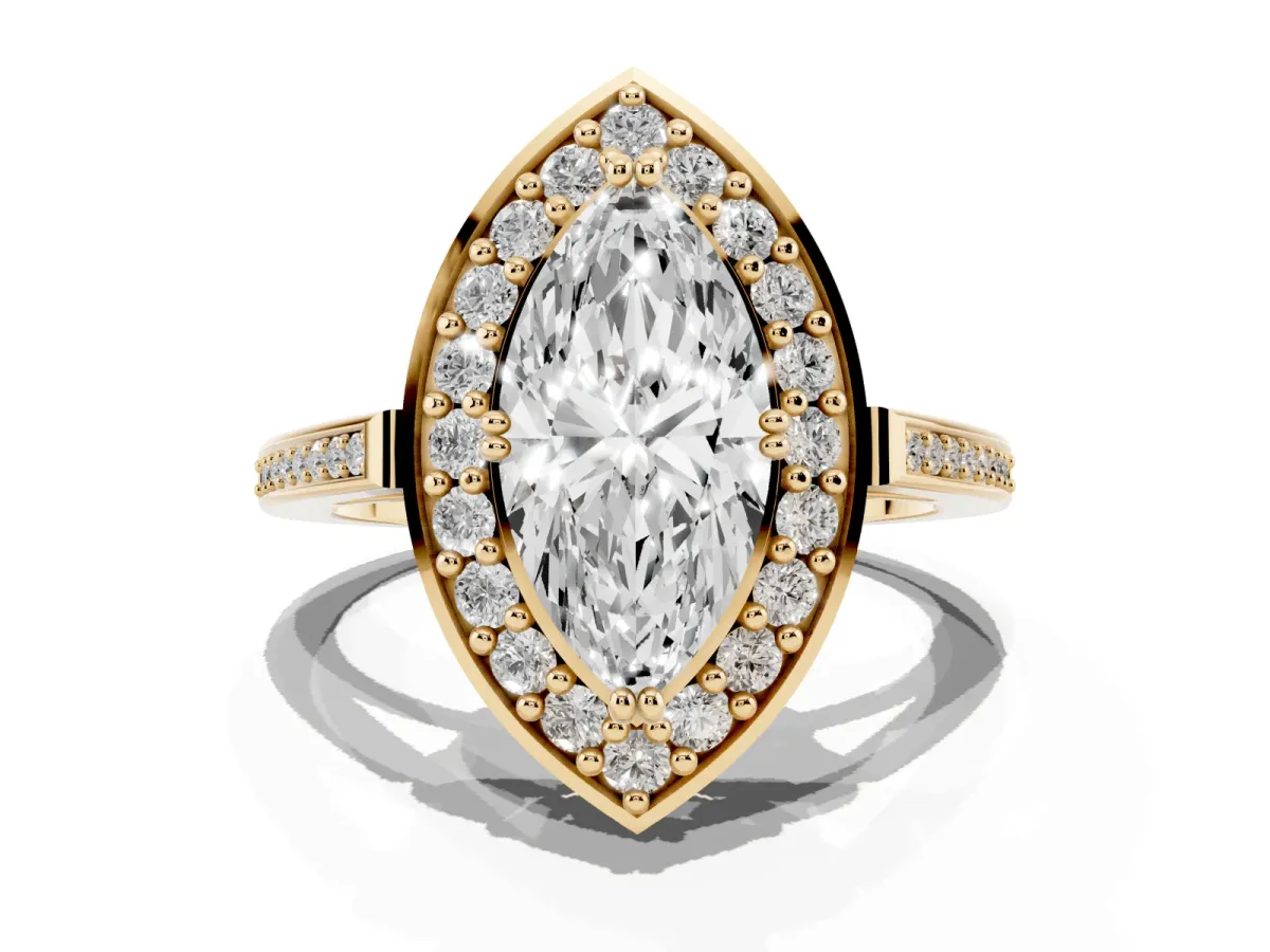 Marquise Cut Diamond Halo Ring with Split Shank and Four-Prong Setting Yellow gold