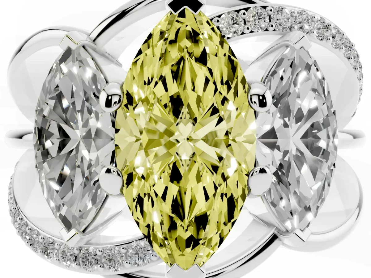 Fancy Yellow Three-Stone Marquise Cut Cut Diamond Split Shank Prong Set Ring Platinum