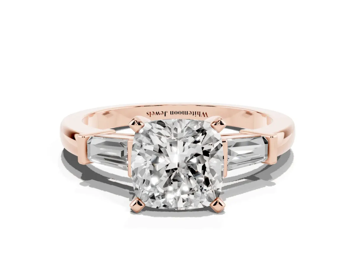 Cushion Cut Cut Diamond Solitaire Ring with Tapered Baguette Accents and Four-Prong Setting Rose gold