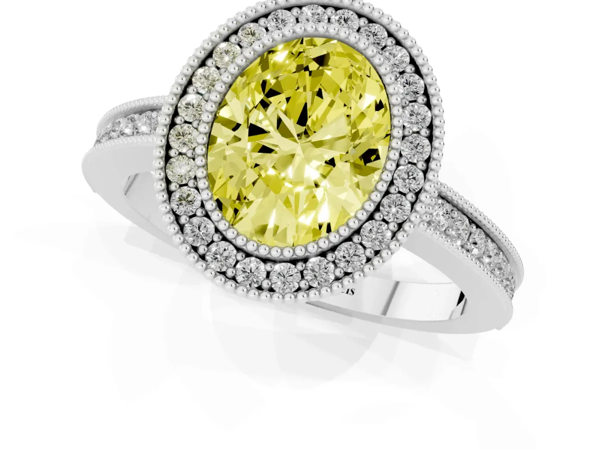 Fancy Yellow Oval Cut Cut Halo Diamond Ring with Pavé Band and Milgrain Prong Setting Platinum