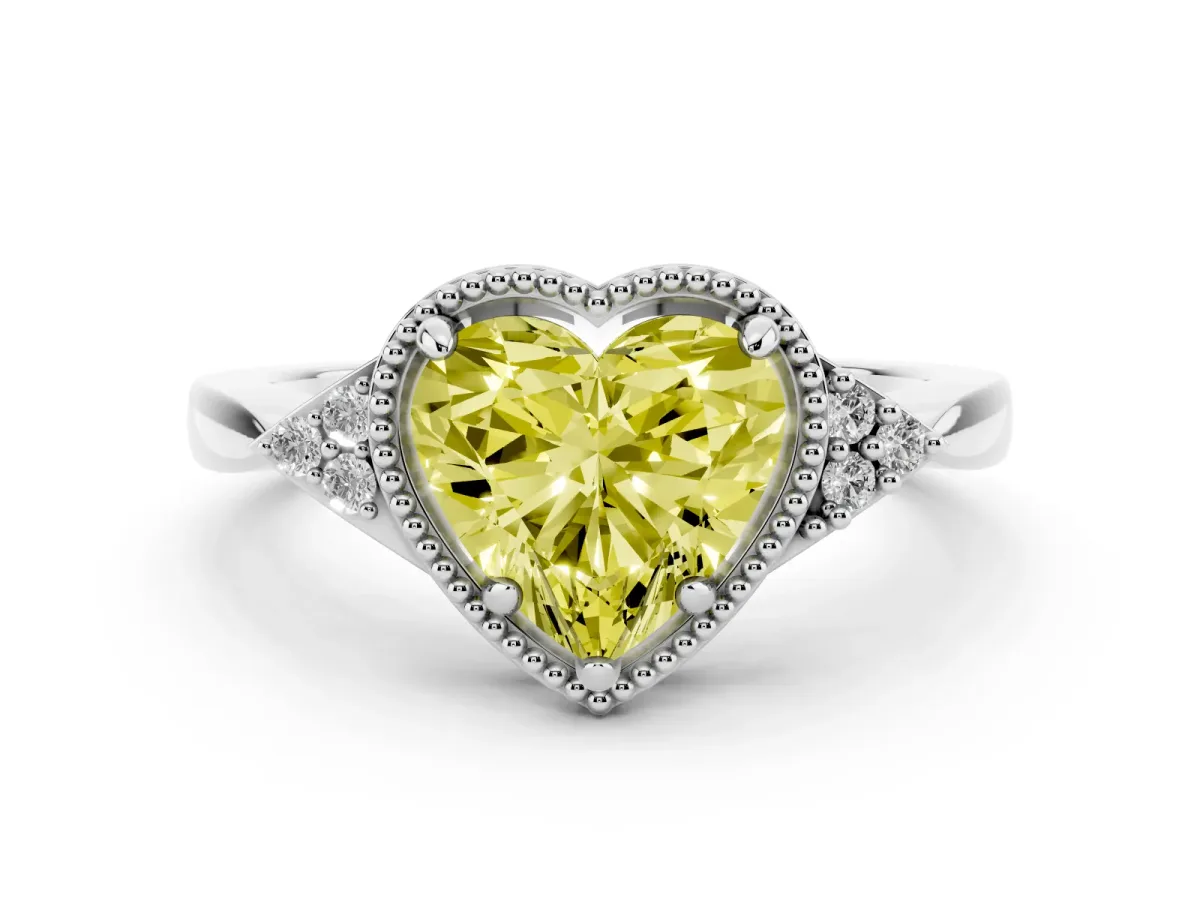 Fancy Yellow Milgrain Heart Cut Cut Diamond Ring with Tapered Pave Band and Four Prong Setting Silver