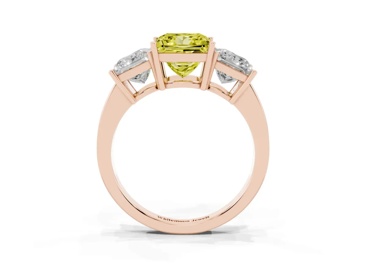 Fancy Yellow Three-Stone Princess Cut Cut Diamond Engagement Ring with Flat Band and Four-Prong Setting Rose gold