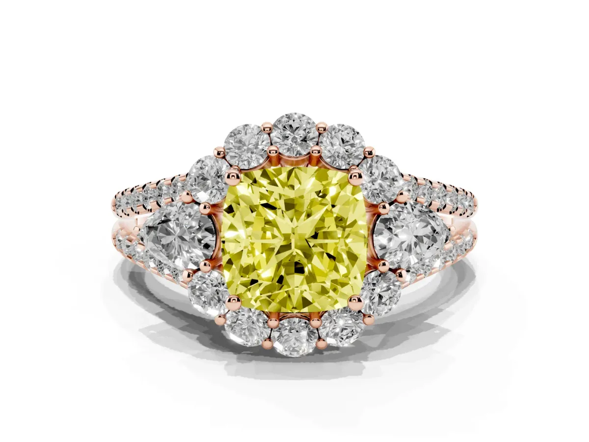 Fancy Yellow Cushion Cut Halo Split Shank Diamond Engagement Ring with Prong Setting Rose gold