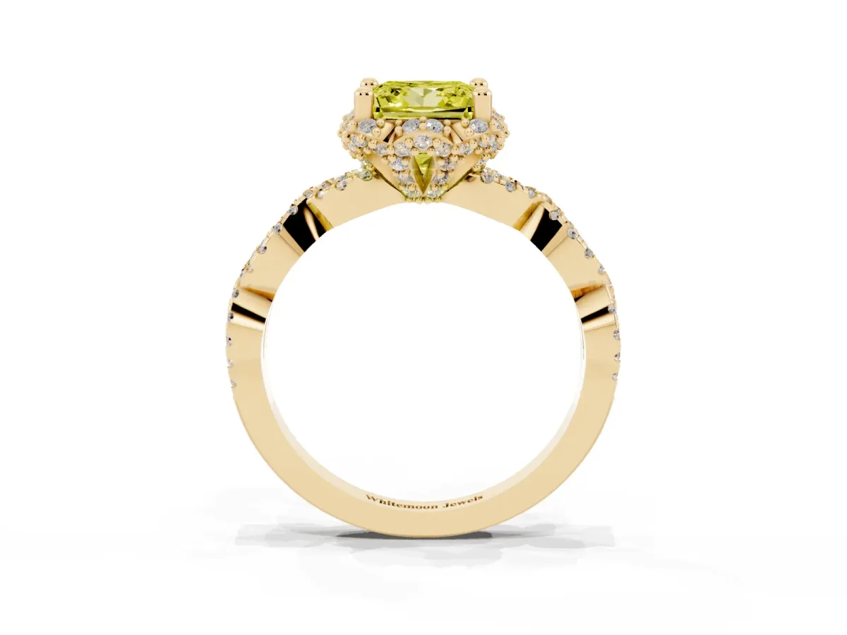 Fancy Yellow Princess Cut Halo Twist Band Solitaire Ring with Six-Prong Setting Yellow gold