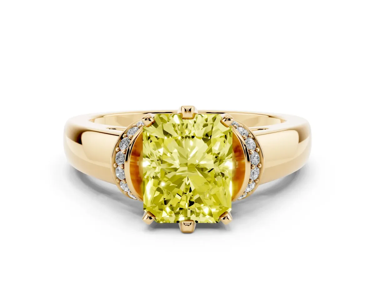 Fancy Yellow Radiant Cut Solitaire Diamond Ring with Pave Band and Six-Prong Setting Yellow gold