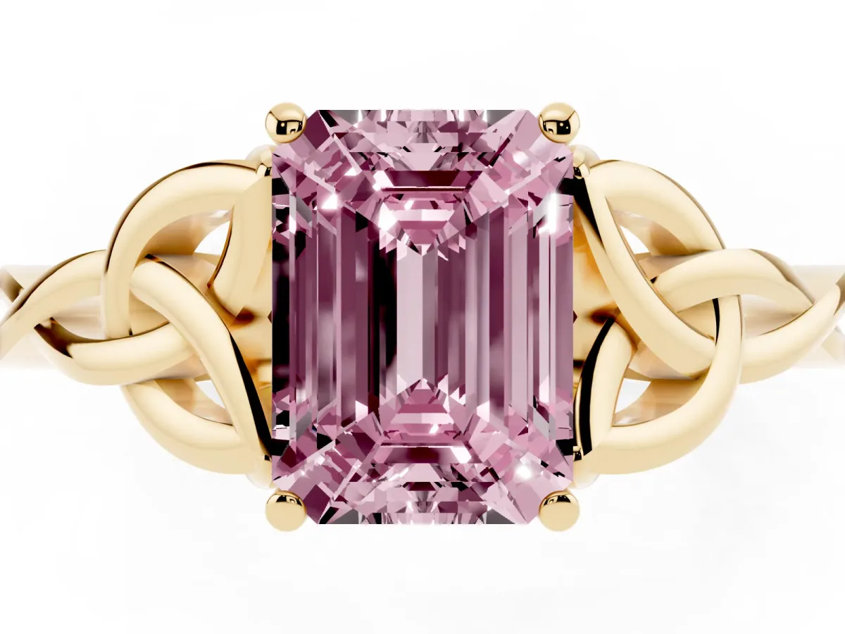 Fancy Pink Emerald Cut Diamond Solitaire Engagement Ring with Celtic Knot Band and Four-Prong Setting Yellow gold