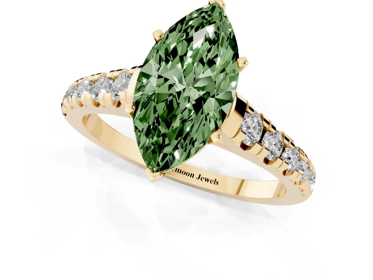 Fancy Green Marquise Cut Diamond Cathedral Solitaire Ring with Round Pavé Band Yellow gold
