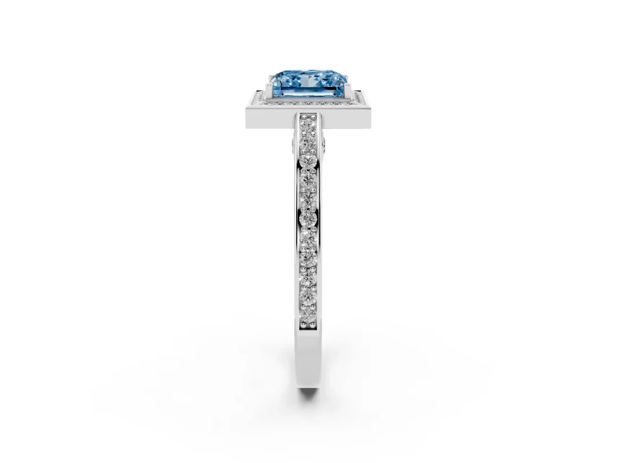 Fancy Blue Princess Cut Cut Halo Pave Split Shank Prong Setting Ring Silver