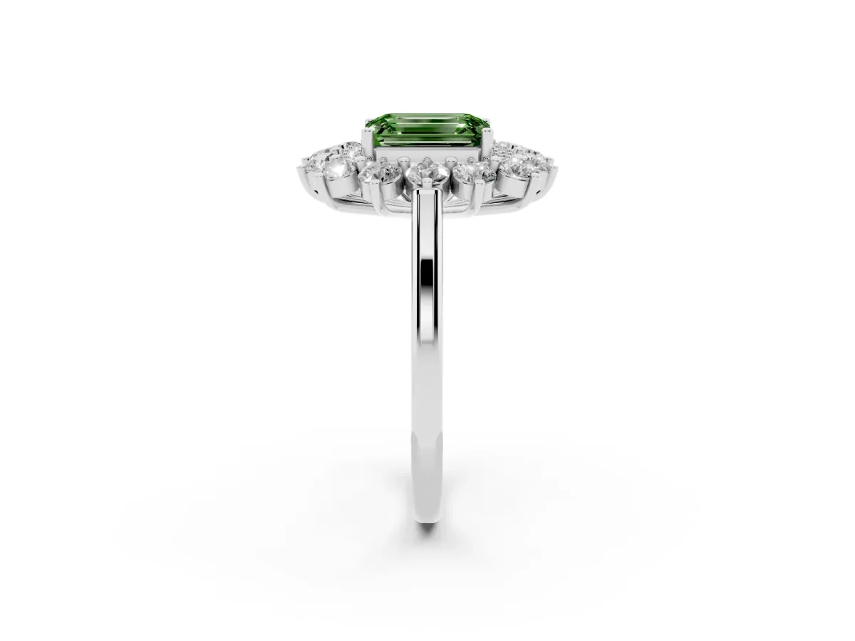 Fancy Green Emerald Cut Diamond Floral Double Halo Engagement Ring with Prong Setting Platinum