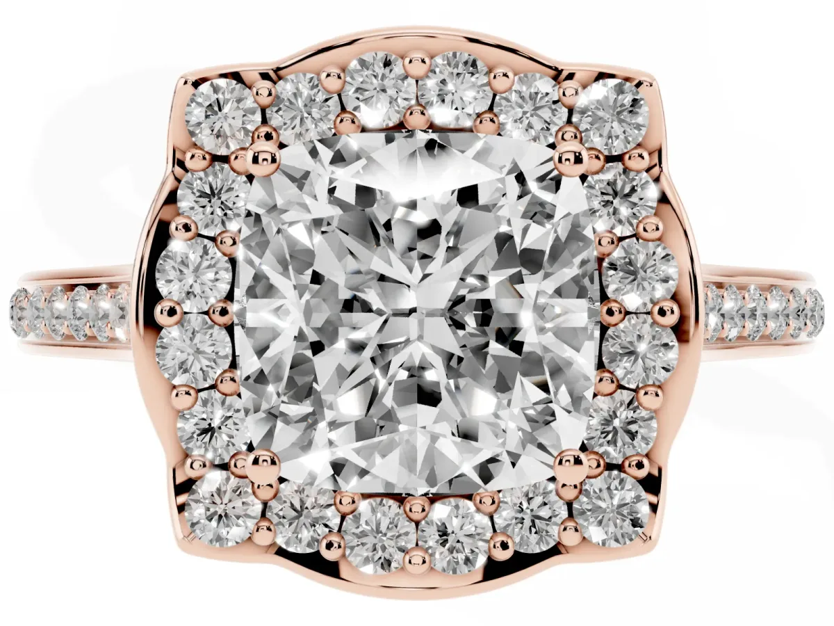 Cushion Cut Halo Round Diamond Pave Band with Four-Prong Setting Rose gold