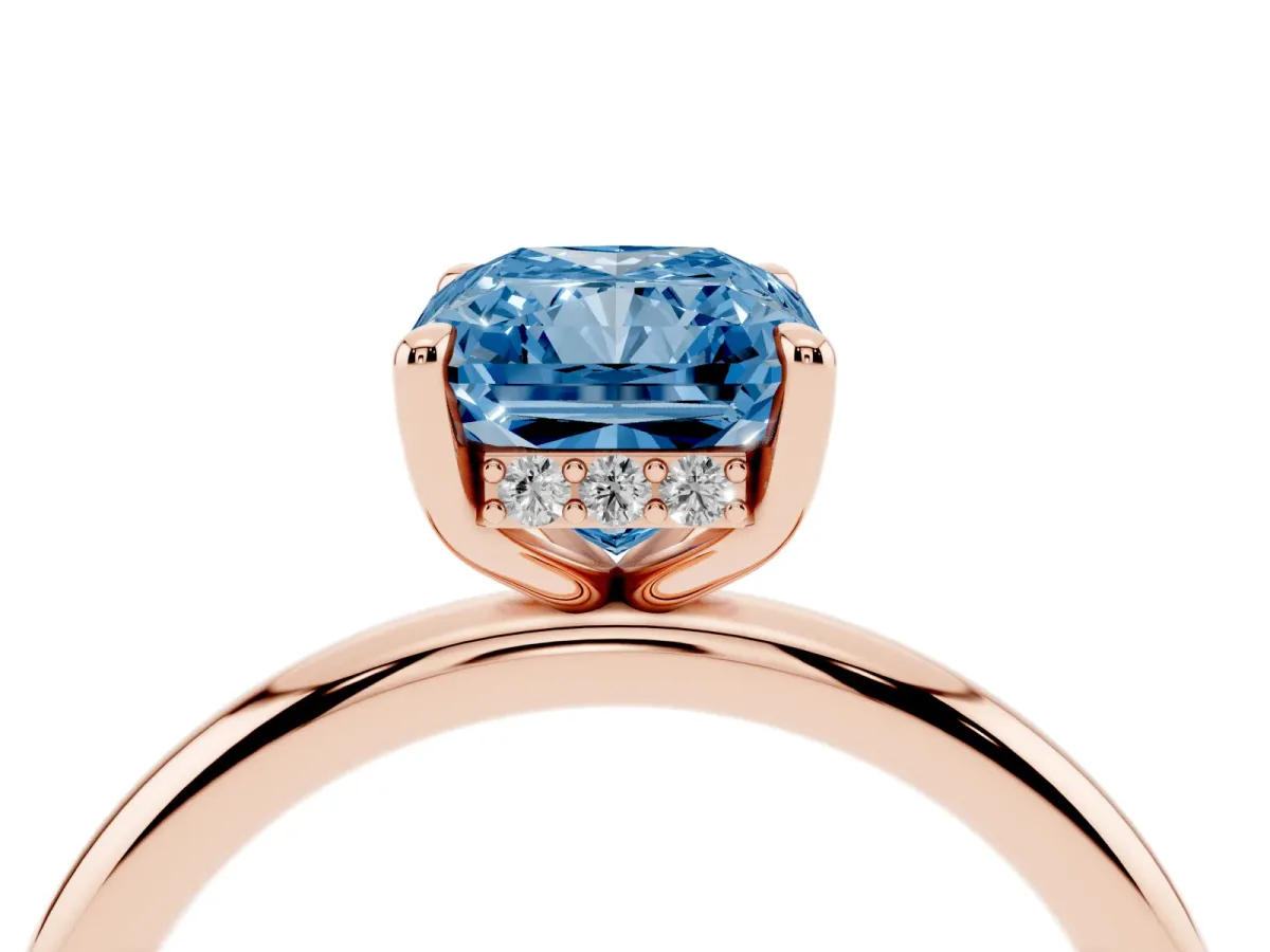 Fancy Blue Radiant Cut Diamond Solitaire Ring with Thin Band and Four-Prong Setting Rose gold