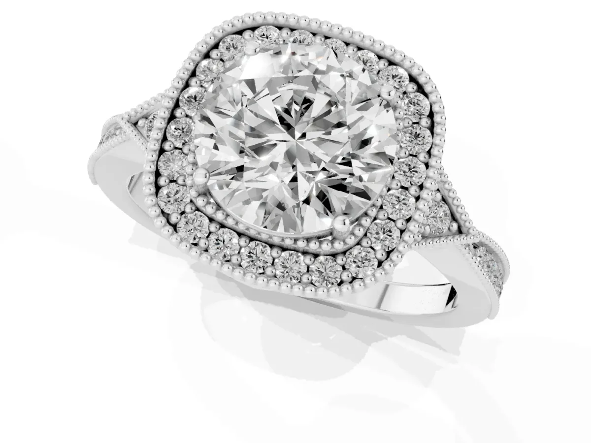 Round Cut Halo Round Diamond Milgrain Pave Engagement Ring Silver