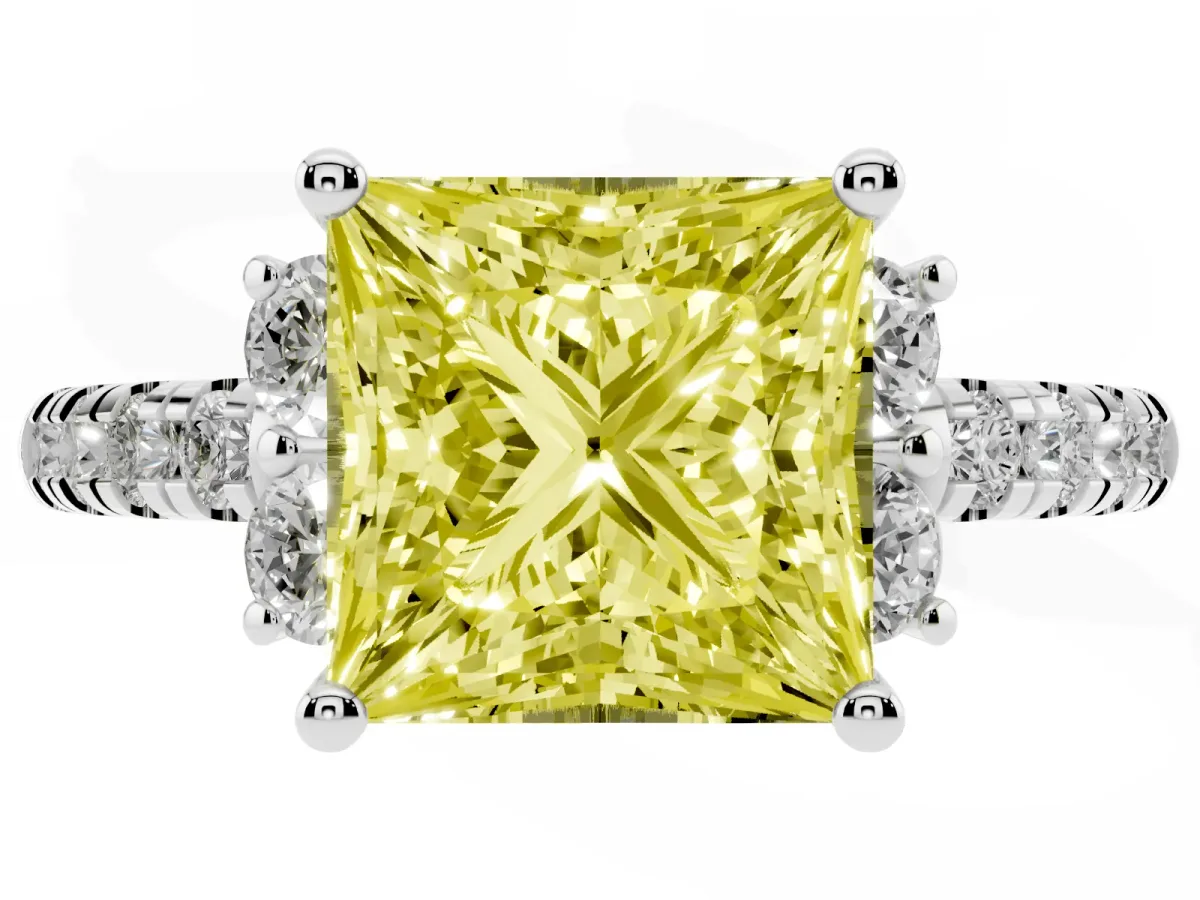Fancy Yellow Princess Cut Diamond Three-Stone Pave Band with Four-Prong Setting Silver