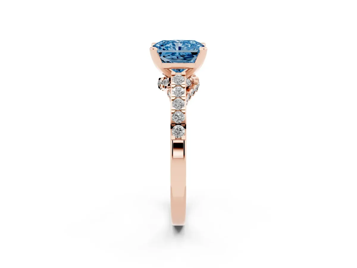 Fancy Blue Radiant Cut Diamond Solitaire Ring with Crossover Gallery and Round Pavé Band Rose gold