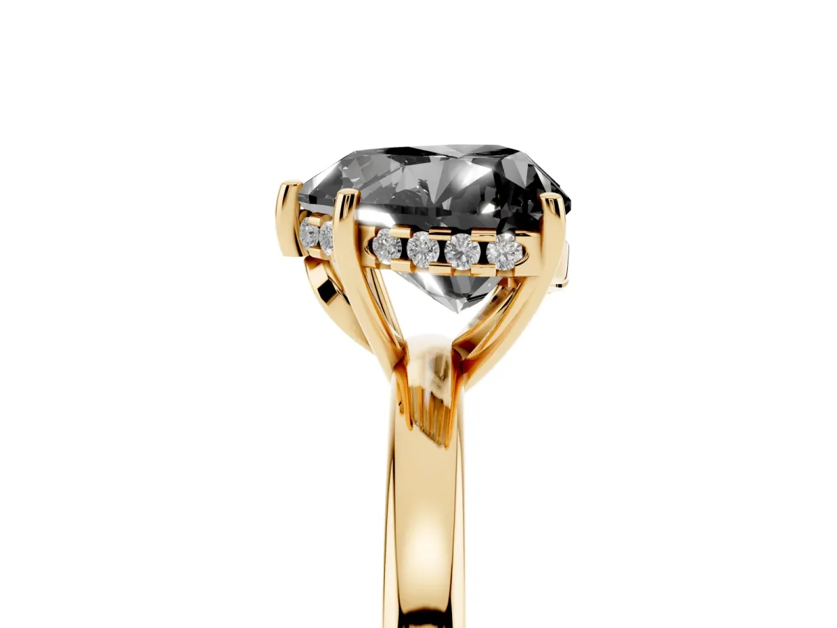 Fancy Black Heart Cut Solitaire Diamond Ring with Prong Setting and Plain Band Yellow gold