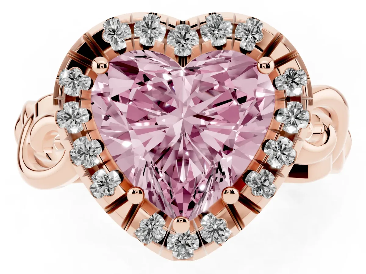 Fancy Pink Heart Cut Cut Halo Diamond Ring with Scrollwork Band and Four-Prong Setting Rose gold